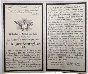 Informationen über das Leben von August Benninghaus auf seinem Totenblättchen zur Trauerfeier in der St. Nikolaus Kirche in Ankum